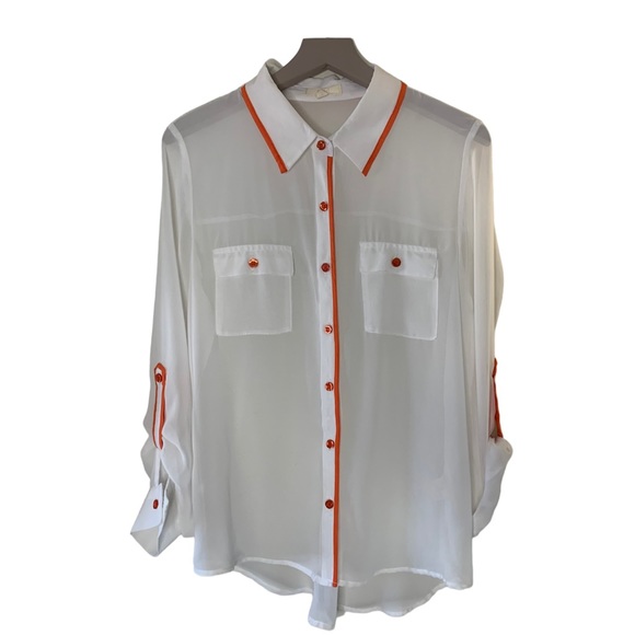 Pearl Tops - Sheer White/Orange Details long Sleeve/Roll up 3 Quarter Button Down Blouse